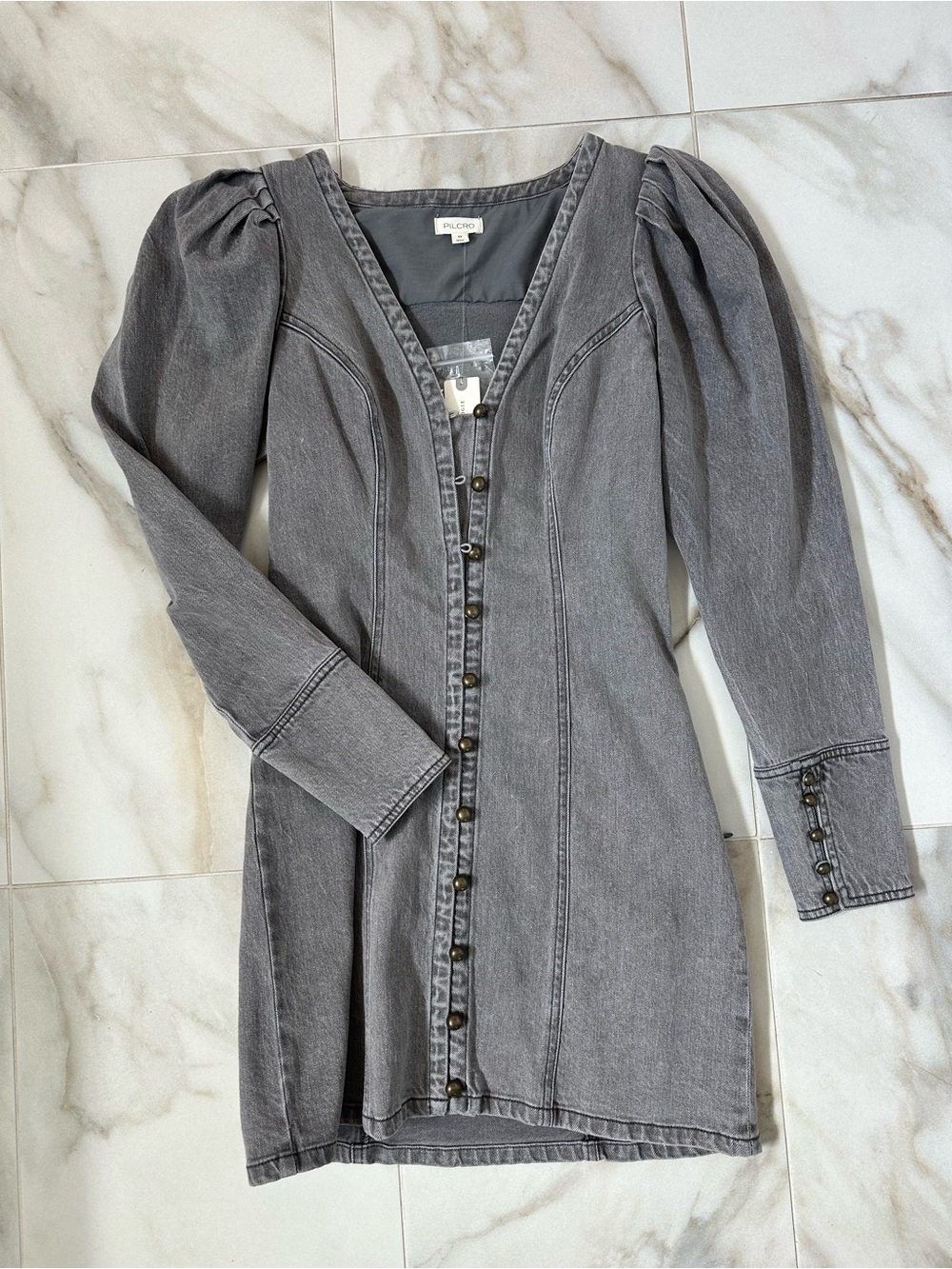 Pilcro Gray Denim Button-Front Puff Sleeve Dress
